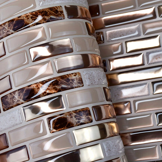 Close-up of self-adhesive mosaic sheets with shiny bronze, beige and brown tesserae