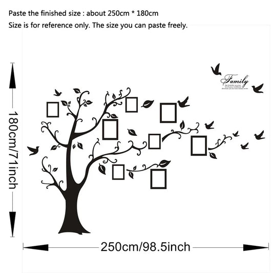Zwarte stamboom met acht kaders en vogels op een witte achtergrond, van 250 × 180 cm