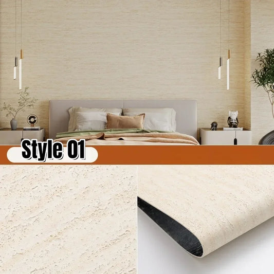 Beige travertiinikuvio 01 -näyte käpristyneellä kulmalla ja makuuhuone