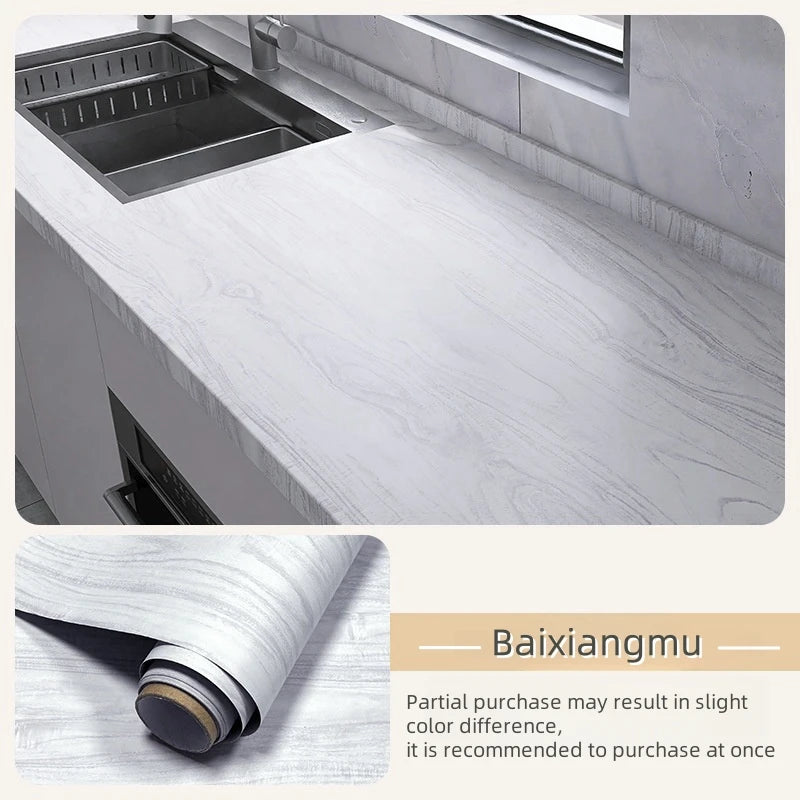 Worktop with sink covered in whitish grey vinyl with fine grain and roll (Model 6)
