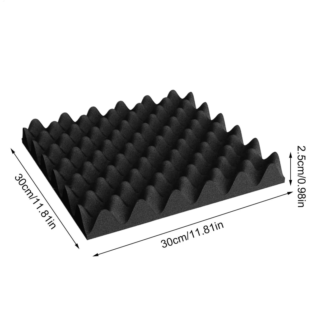 Black acoustic foam panel, 30 × 30 cm and 2.5 cm thick, with the dimensions marked