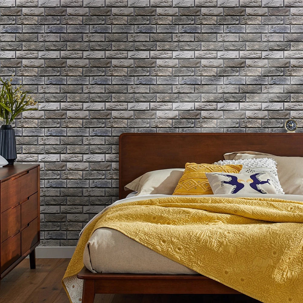 Bedroom with a wall of blue-grey brick effect self-adhesive panels