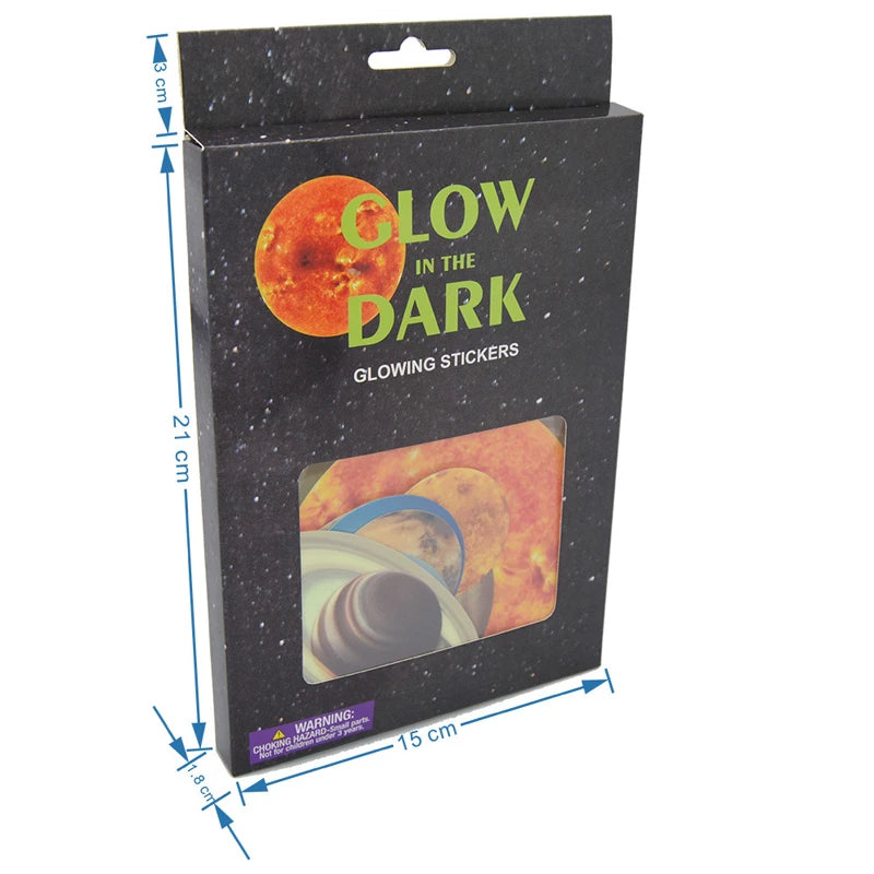 Box of the glow in the dark stickers with the dimensions shown, 21 by 15 cm