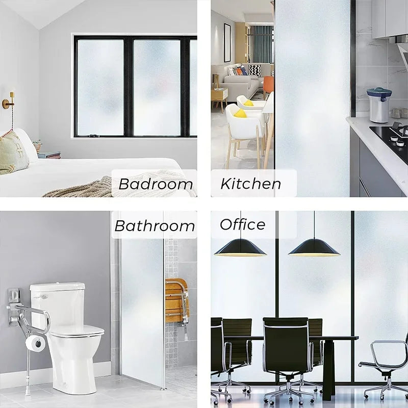 Vier kamers met ondoorzichtig glas: slaapkamer, keuken, badkamer en kantoor