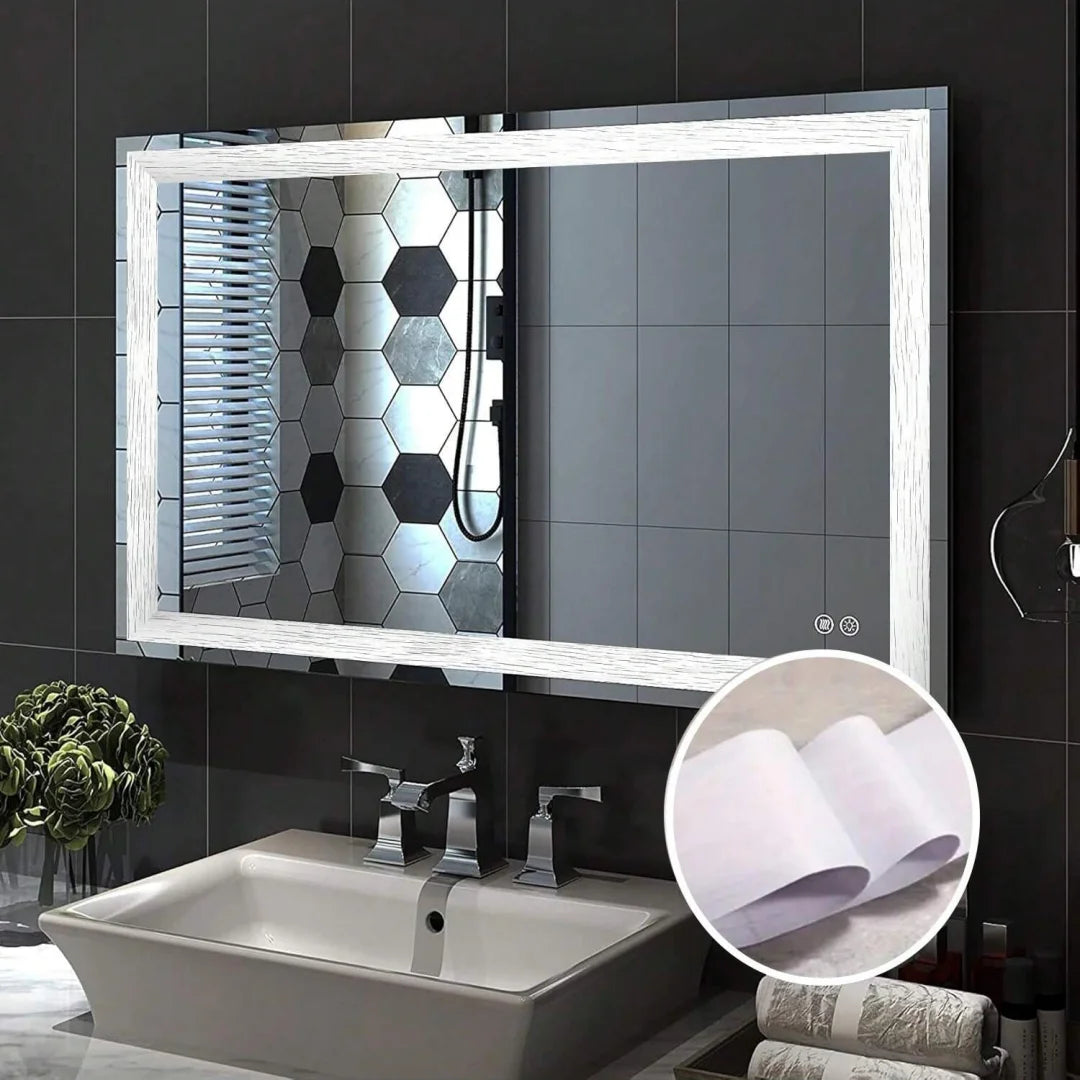 Bathroom mirror framed with the ivory white adhesive strip