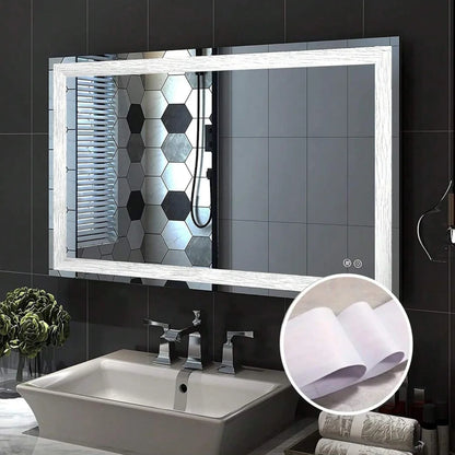 Bathroom mirror framed with the ivory white adhesive strip