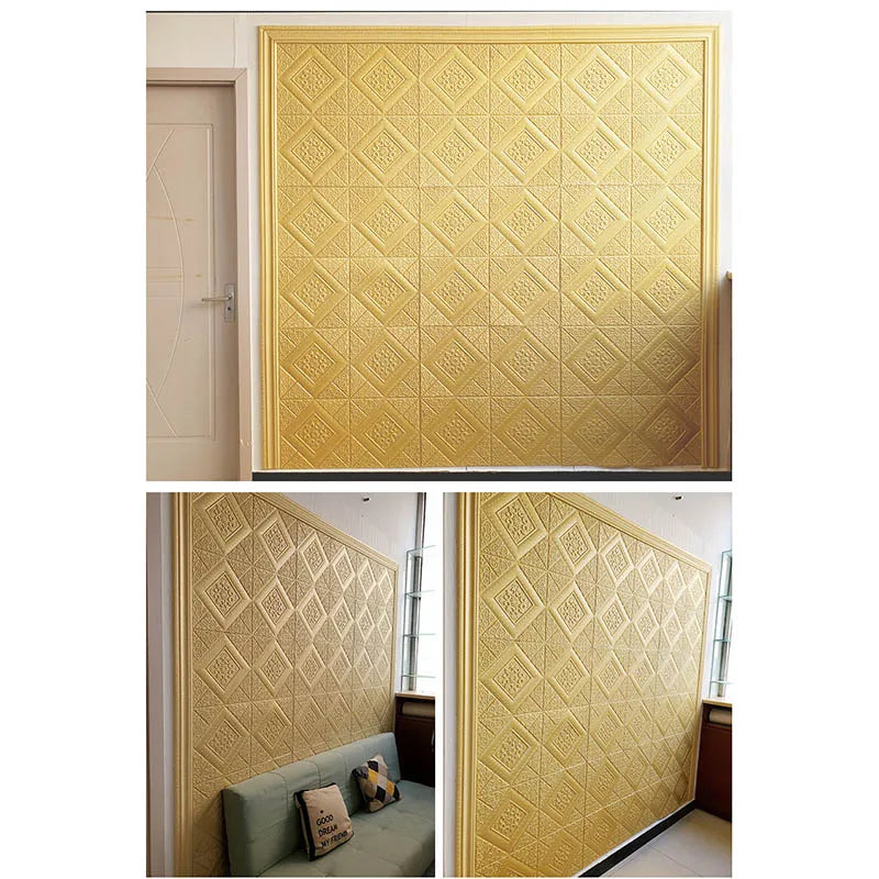 Wall covered with golden yellow 3D foam diamond panels, three views