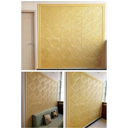 Wall covered with golden yellow 3D foam diamond panels, three views