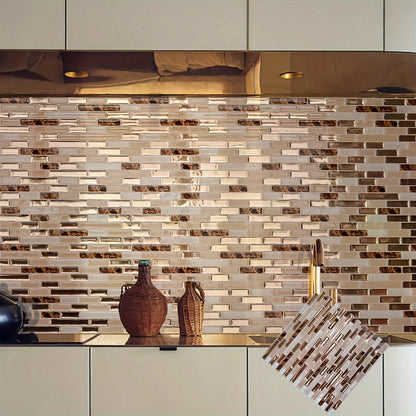 Kitchen splashback covered with gold self-adhesive mosaic, with wicker jars