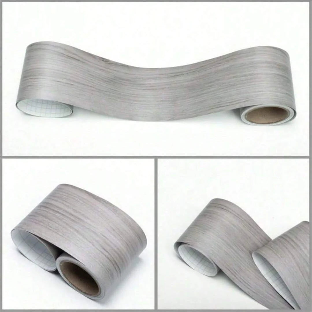 Grey wood effect adhesive strip, on a roll: three views on a white background