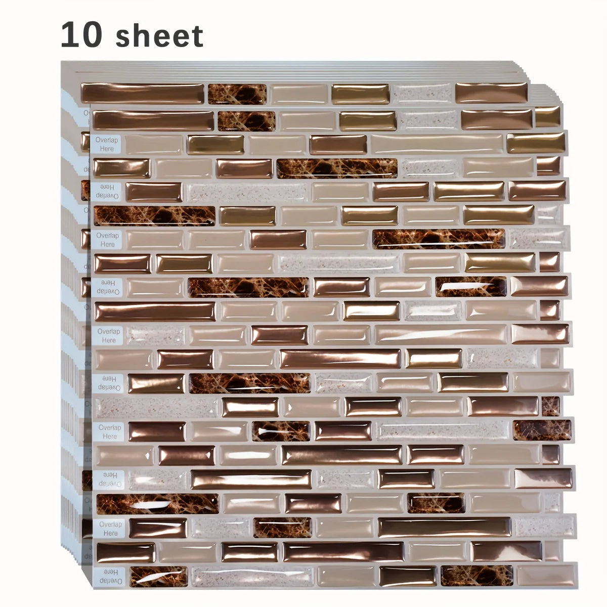 Stack of ten gold self-adhesive mosaic sheets on a white background