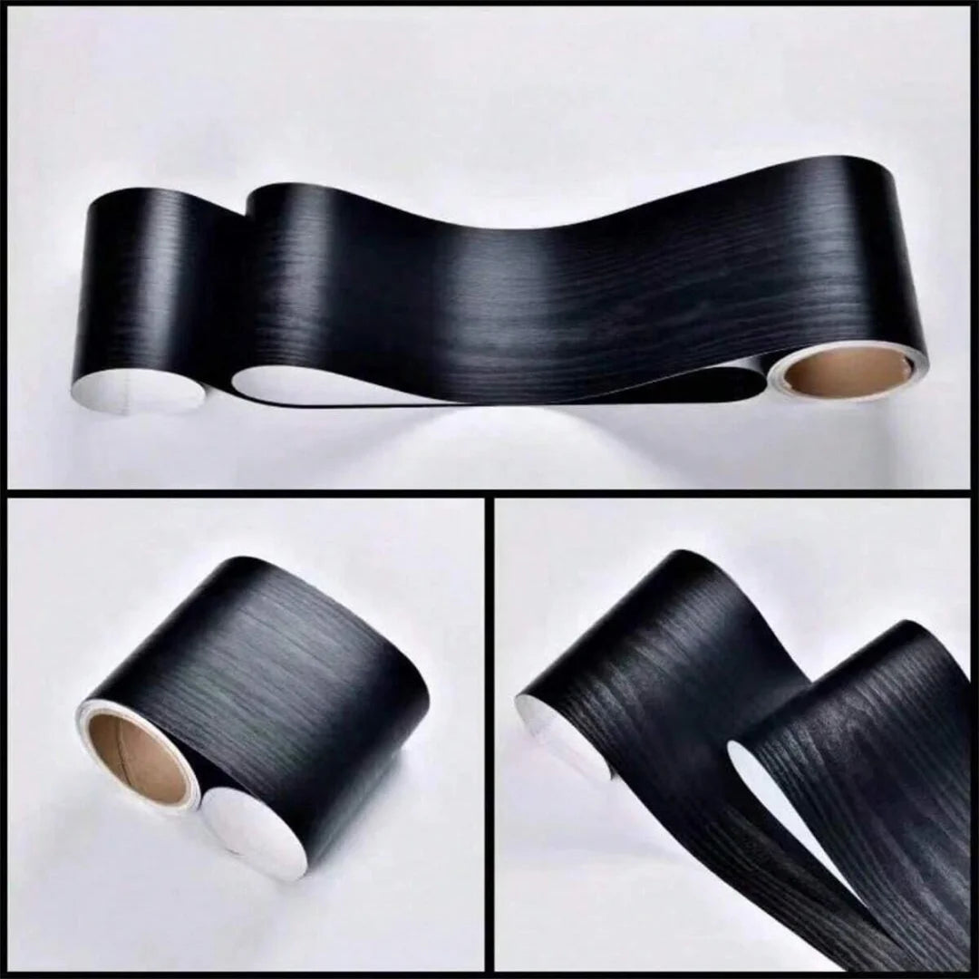 Ebony effect adhesive strip, almost black wood, on a roll: three views on a white background