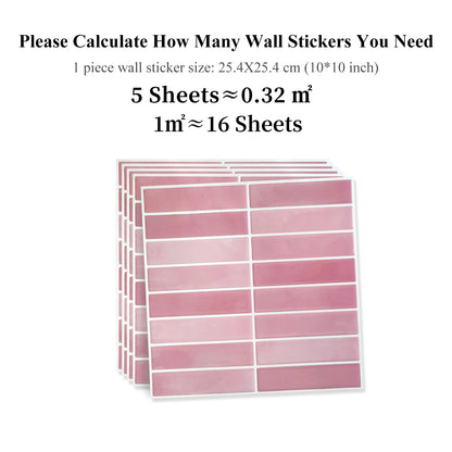 Stack of five pink tile sticker sheets with rectangular tiles, on a white background