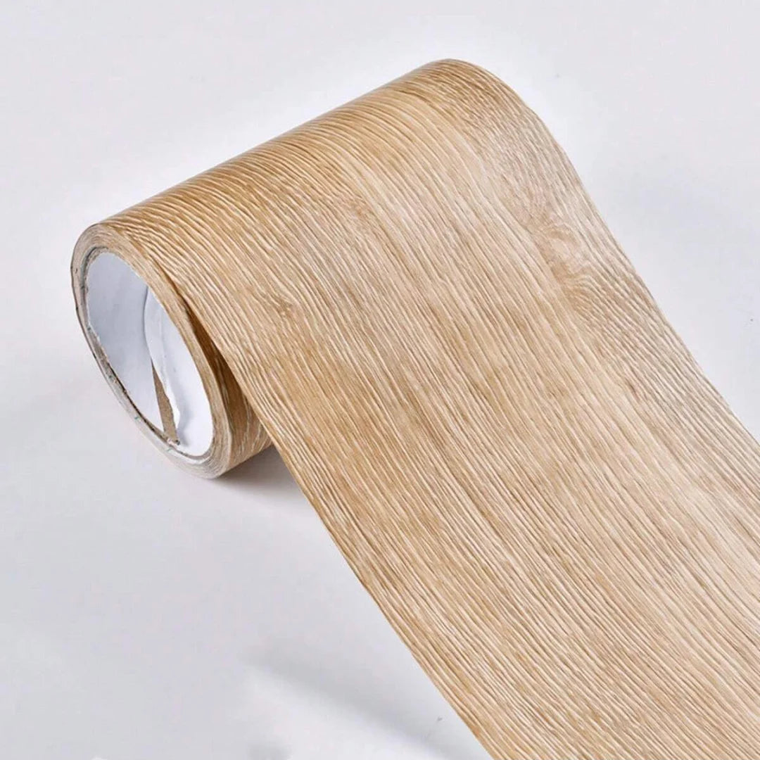 Roll of light wood effect adhesive strip, 8 cm wide, on a white background