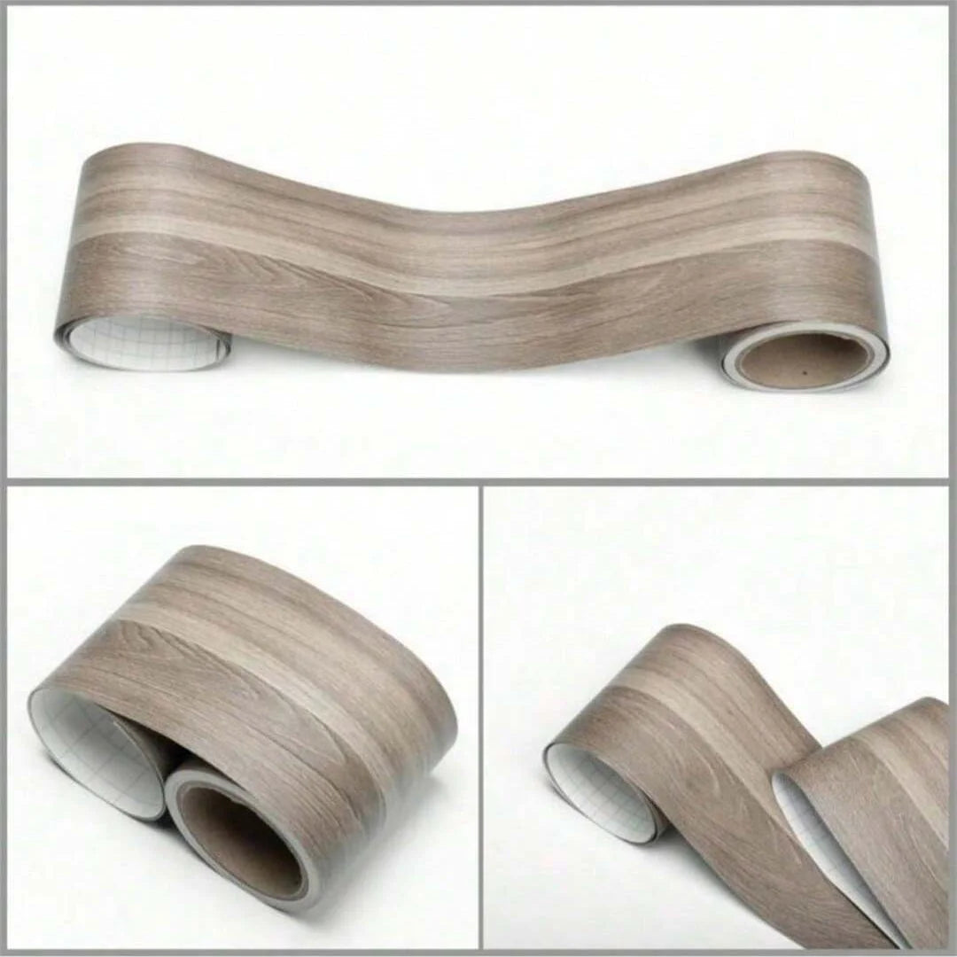 Striped beige grey wood effect adhesive strip, on a roll: three views on a white background