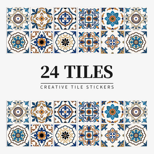 Set of 24 tile stickers with blue, orange and white designs, arranged in two rows