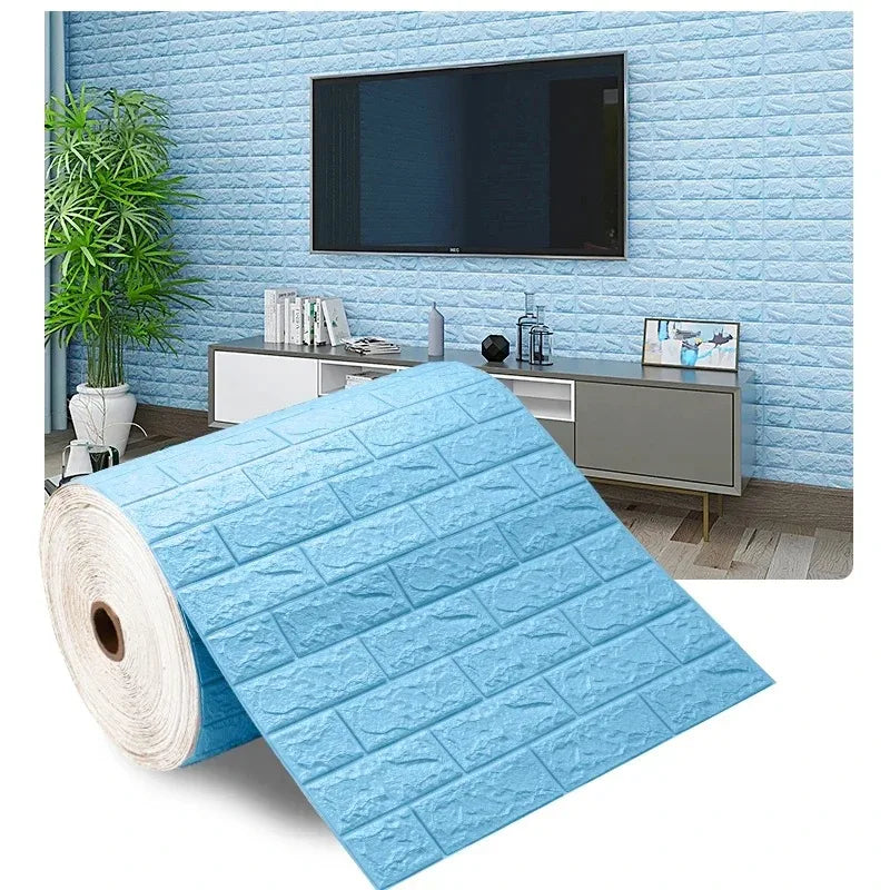 Roll of light blue self-adhesive wallpaper with raised bricks, Model C