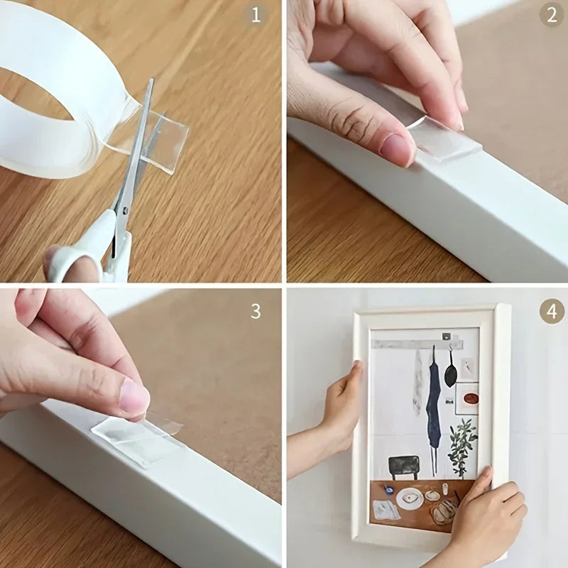 Four steps to apply the double-sided tape: cutting with scissors and applying to an edge and a frame