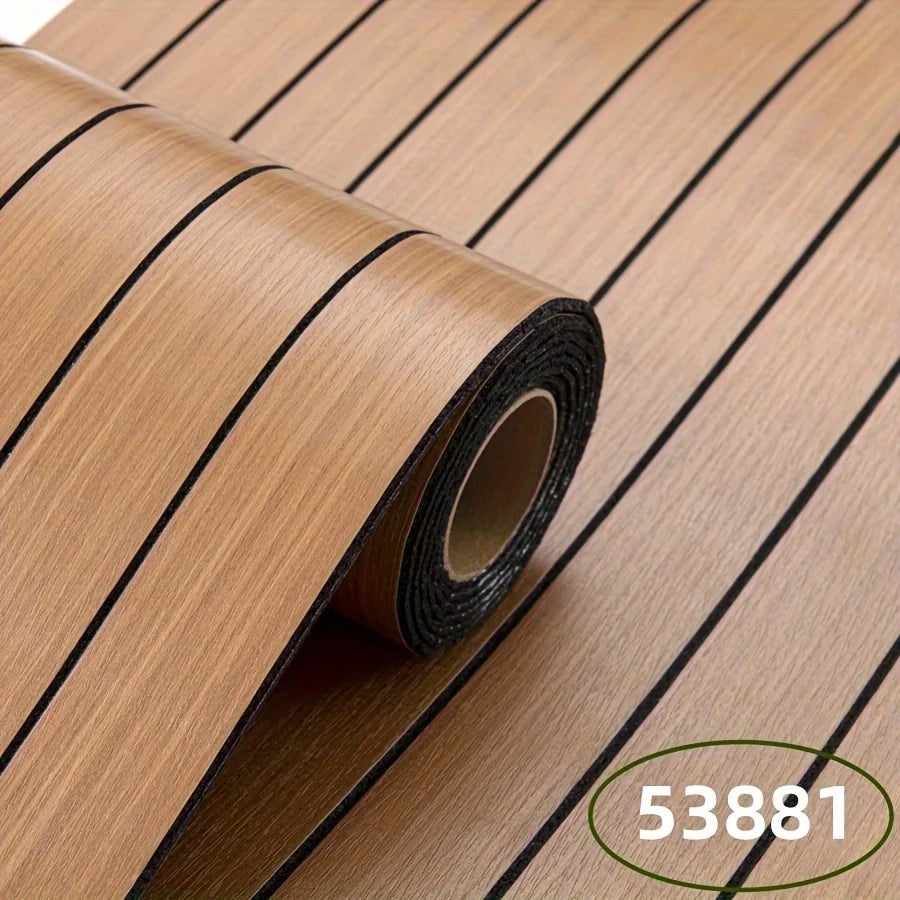 Roll of self-adhesive wall panel in amber-coloured wood effect with black stripes, model S-53881-1