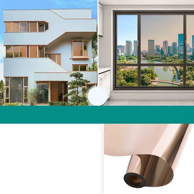 Rol koperkleurige spiegelfolie, Model F, met een modern huis