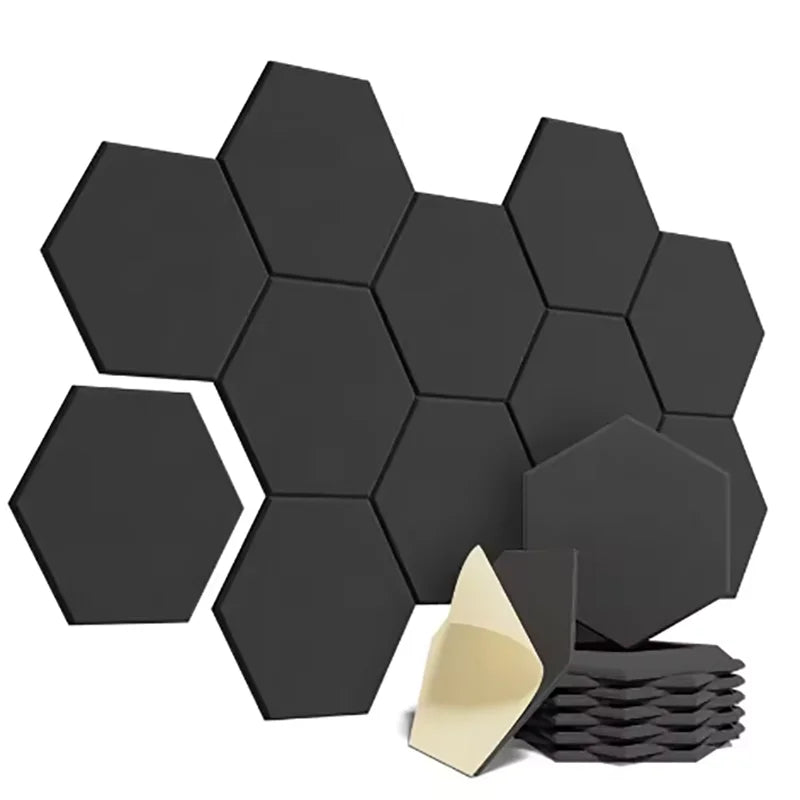 Plain black hexagonal acoustic panels on a white background