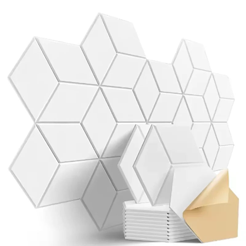 White Y-cut hexagonal acoustic panels on a white background