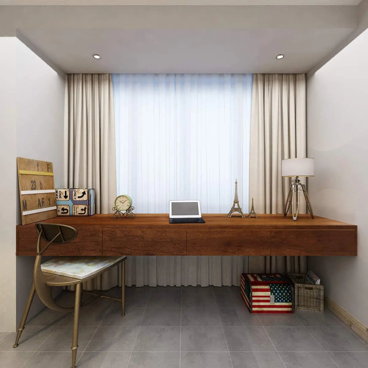 Long brown wood effect desk in front of a window with curtains