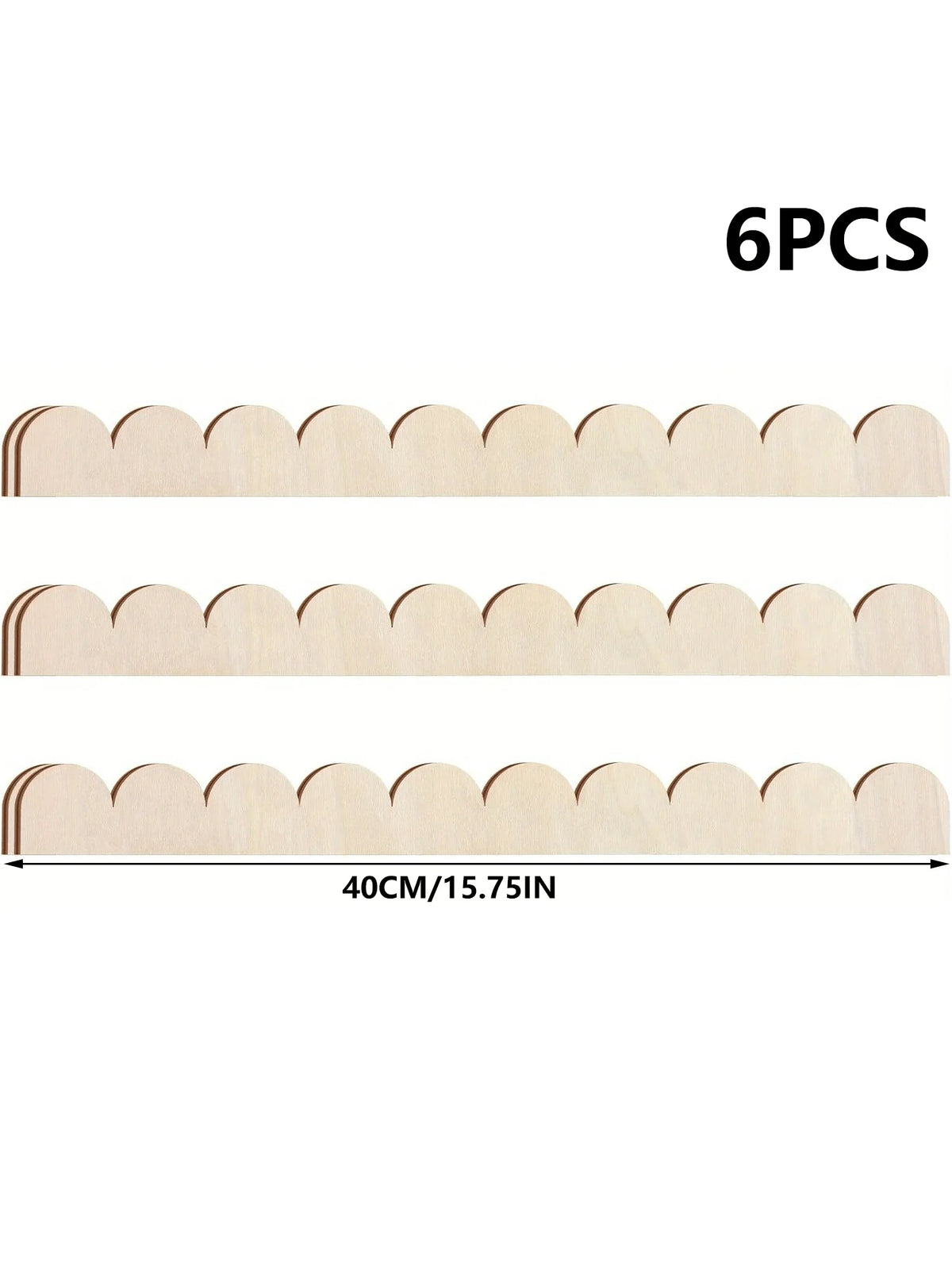 Scalloped light wooden mouldings on a white background, each 40 cm long