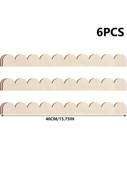 Scalloped light wooden mouldings on a white background, each 40 cm long