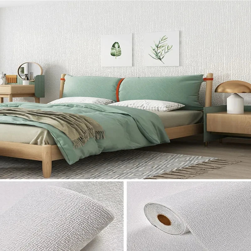 Muur bekleed met witte linnenlook, met de rol en een close-up van de weving
