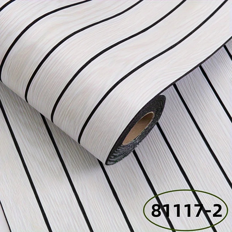 Roll of self-adhesive wall panel in light grey-white with black stripes, model S-81117-2