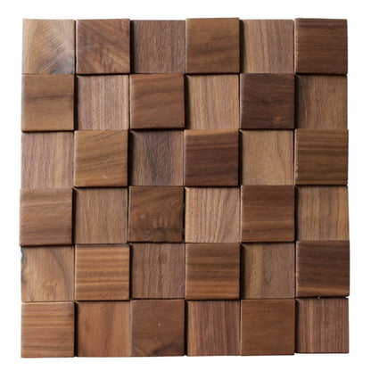 30 × 30 cm wood mosaic panel seen head-on: 36 squares in walnut tone on a white background