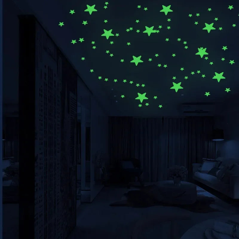 Ceiling of a dark room with glow in the dark stars of several sizes