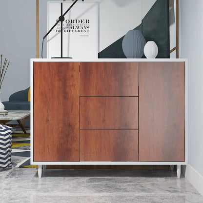 White sideboard with brown wood effect doors in a living room