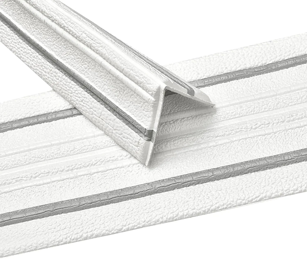 White embossed self-adhesive strip with grey lines, bent into an L for corners