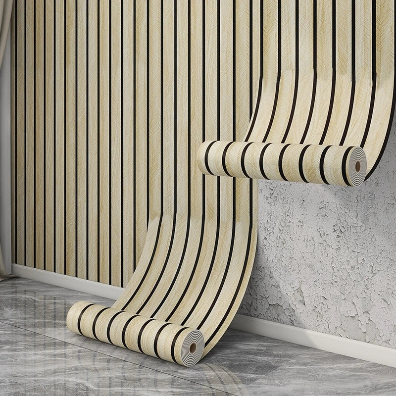 Wood effect adhesive roll with light slats and black lines, unrolling along a wall