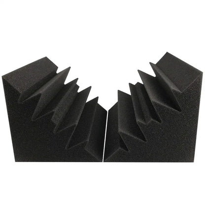 Two black acoustic foam corner panels with a stepped face on a white background