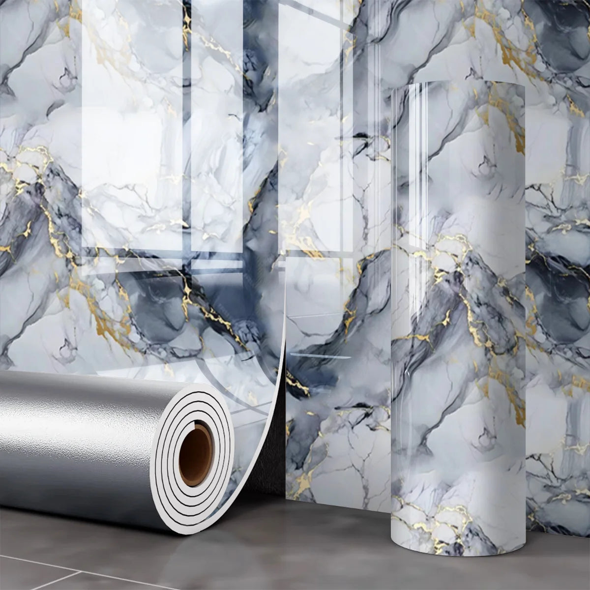 Light blue marble effect panel with greyish blue and golden veins, unrolled roll and covered wall