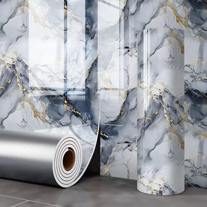 Light blue marble effect panel with greyish blue and golden veins, unrolled roll and covered wall