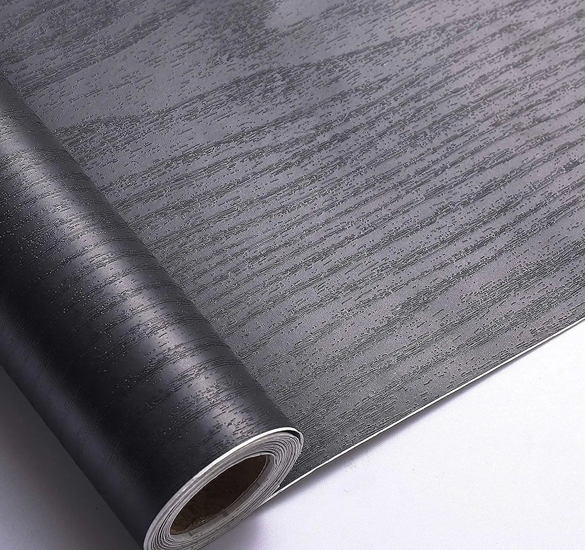 Roll of black wood effect self-adhesive vinyl with dark grey grain