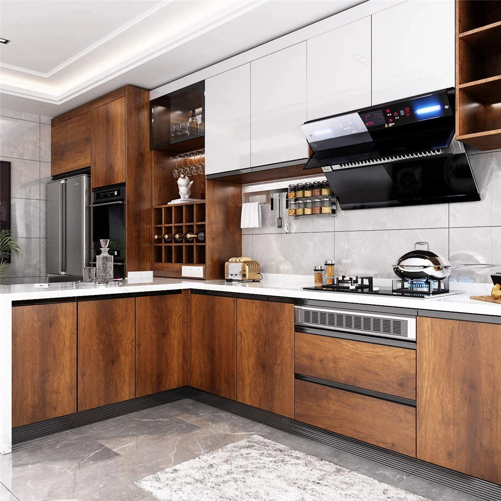 Kitchen with brown wood effect doors and columns and white wall units