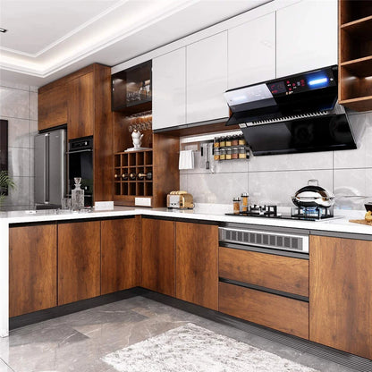 Kitchen with brown wood effect doors and columns and white wall units