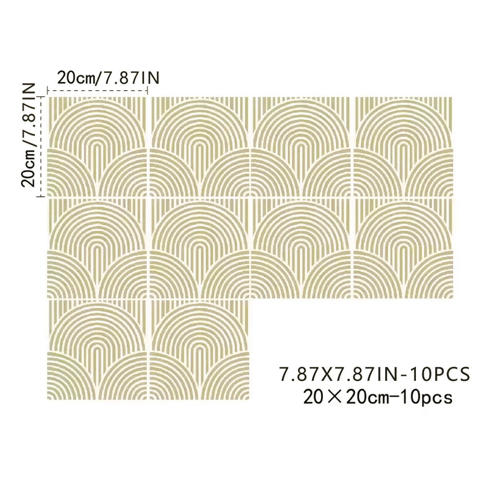 Ten olive green tile stickers with fine arches, on a white background, each 20 × 20 cm