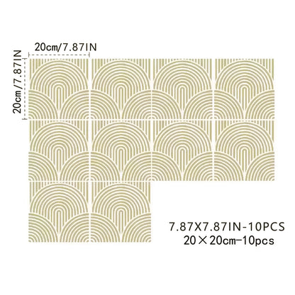 Ten olive green tile stickers with fine arches, on a white background, each 20 × 20 cm