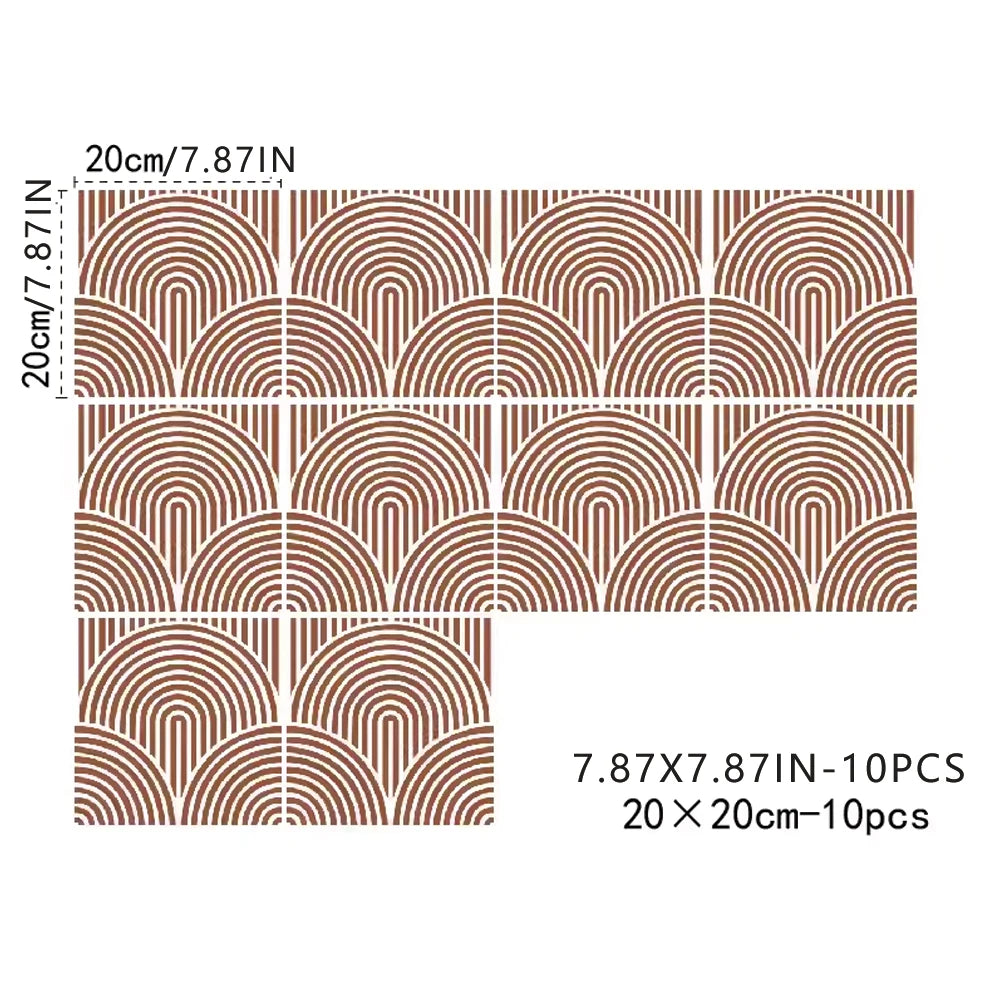 Ten terracotta tile stickers with fine arches, on a white background, each 20 × 20 cm
