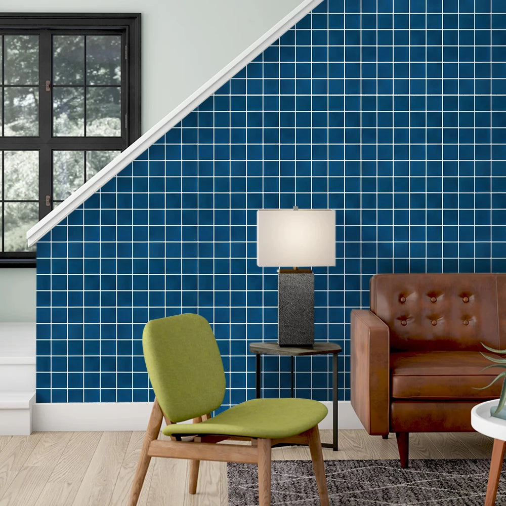 Living room with the space under the stairs covered in dark blue square panels