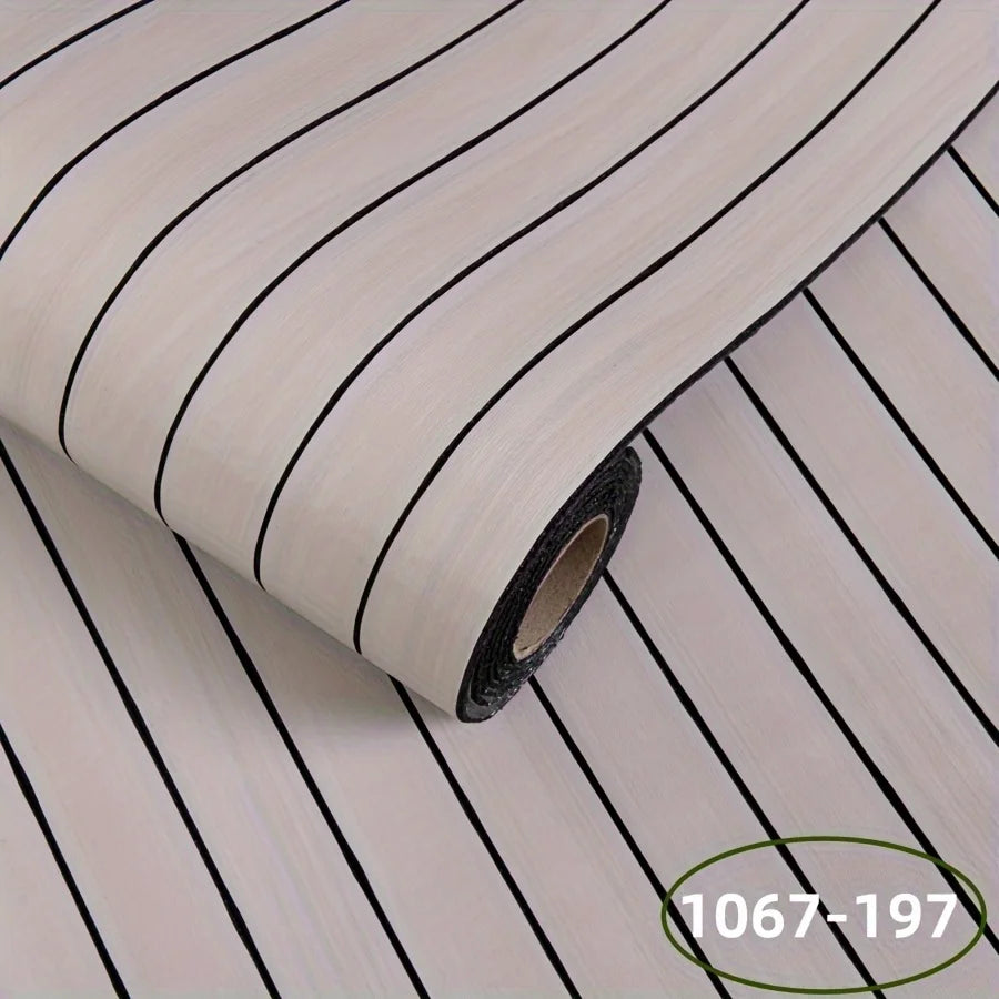 Roll of self-adhesive wall panel in light beige taupe with black stripes, model S-1067-197