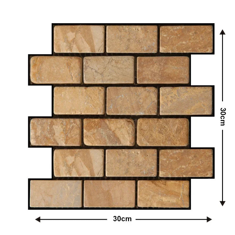 Self-adhesive 3D sand stone effect panel with dark joints on a white background