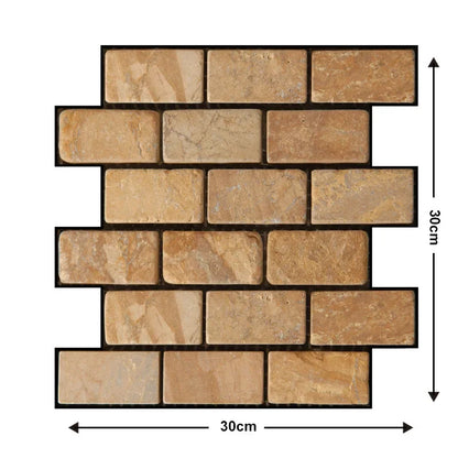 Self-adhesive 3D sand stone effect panel with dark joints on a white background