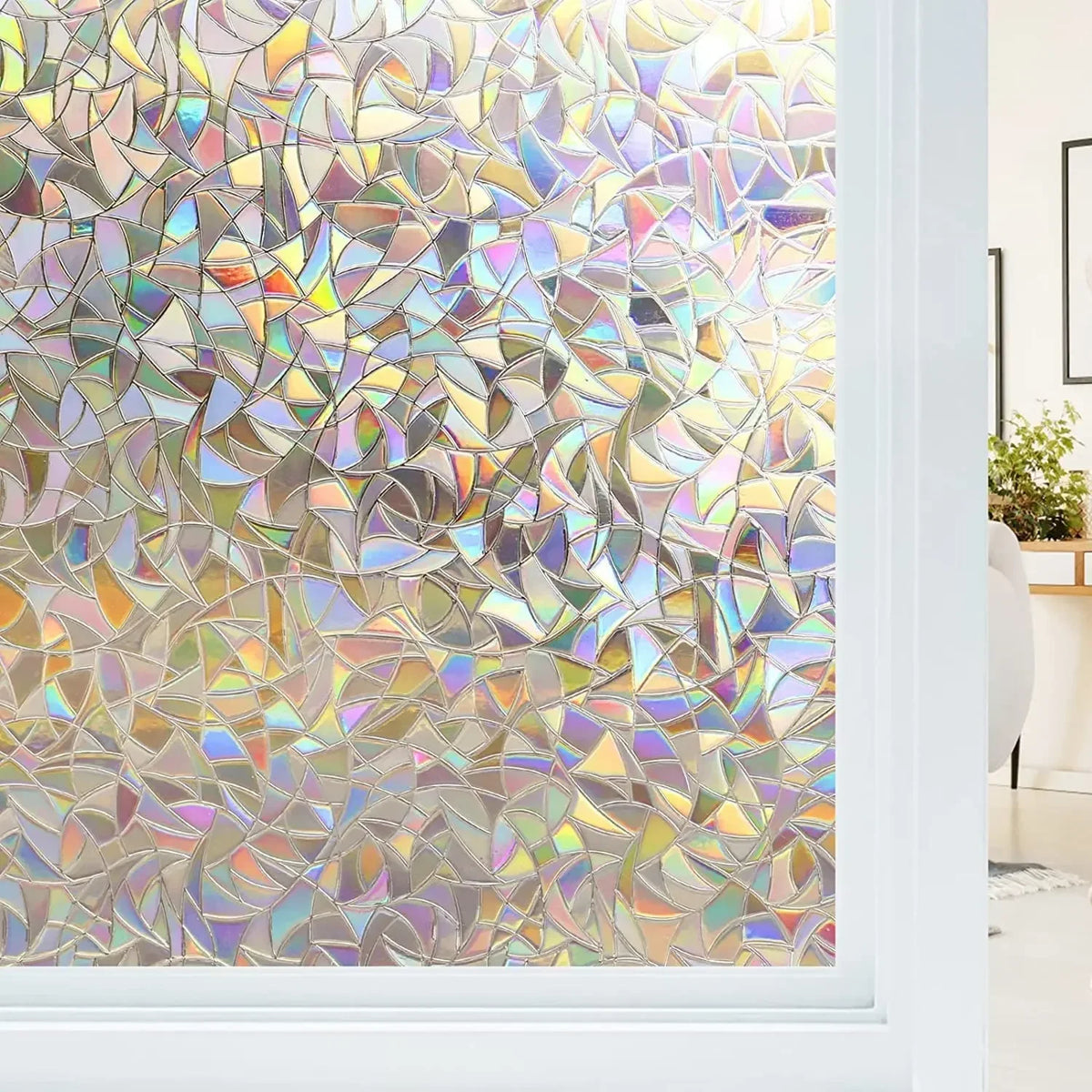 Glass of a window with static crystal film that creates rainbow reflections